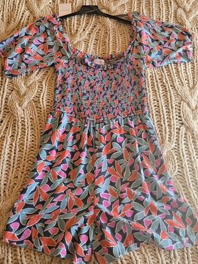 Compania Fantastica Smocked Floral Print Romper in Teal & Pink